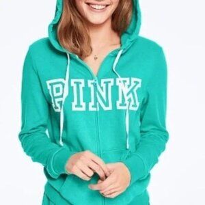 PINK Victoria Secret top turquoise white logo front hooded sweatshirt size XS